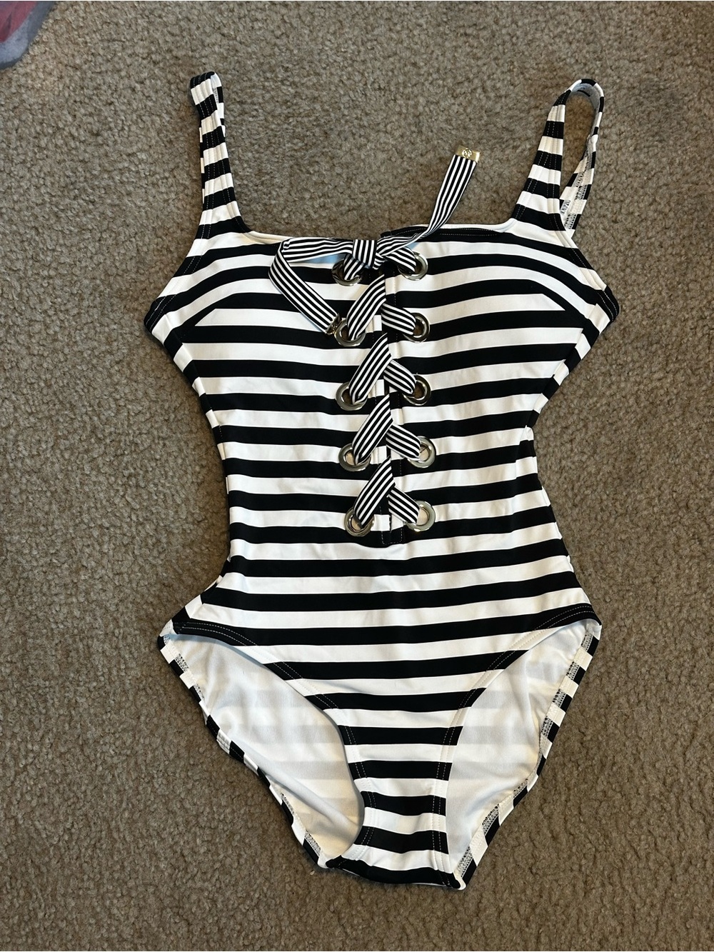 MICHAEL Michael Kors Black & White Striped Lace-Up Girls One-Piece Swimsuit